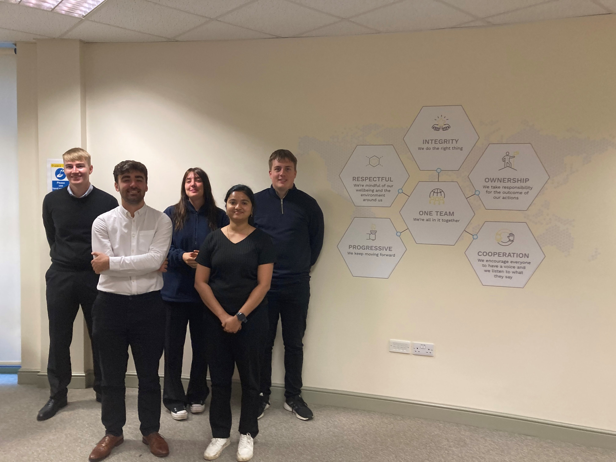 Five new graduate hires have joined Ovarro. They are Riven Knight, Katie Hudson, Sam Fewster (back row left to right), Marco Difelice and Anjali Mukesh (front row left to right).